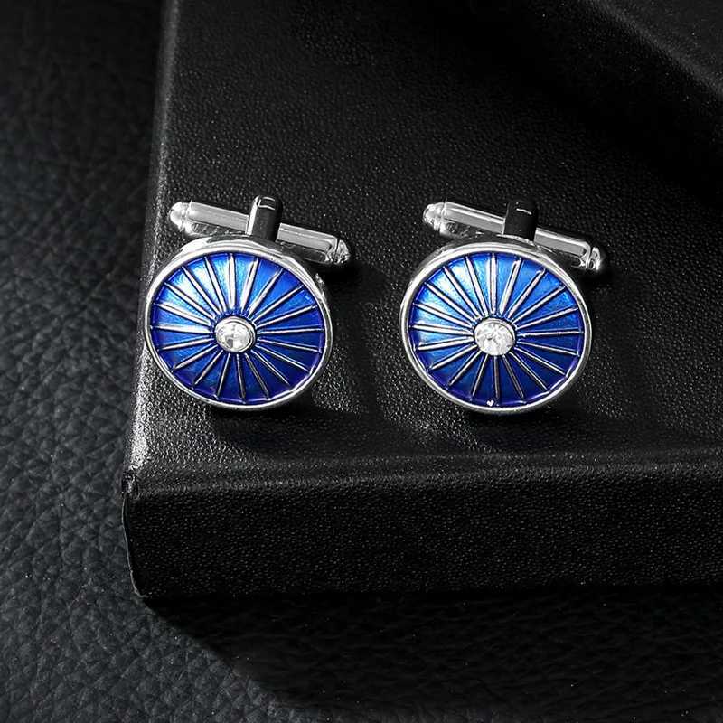 Business Mens Cufflink Luxury French Shirt Cuff Accessories Round Striped Blue Enamel Alloy Suit Sleeve Button Gift for Husband W250606