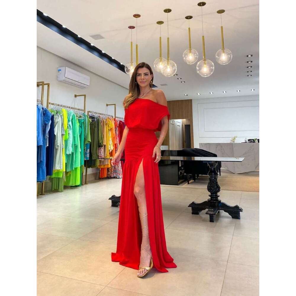 Summer Women's Fashion Sexy Asymmetric Neck Off-Shoulder Waist-Cinching Slit Floor-Length Vacation Style Solid Color Dress B5