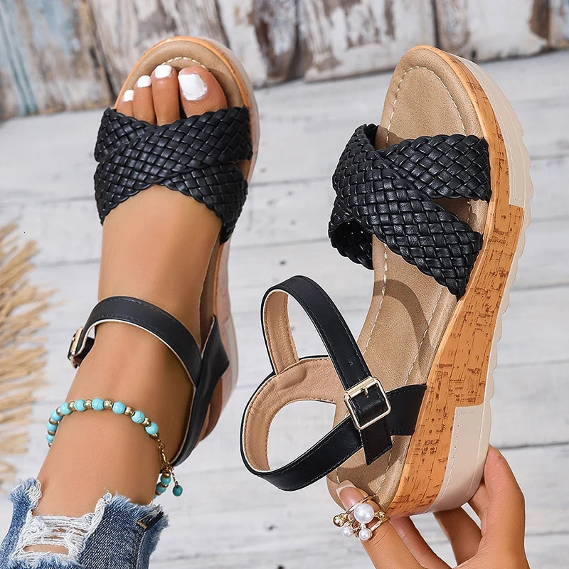 Womens Braided Platform Sandals 2025 Summer Chunky Wedges Gladiator Sandals Woman Ankle Straps Vacation Casual Beach Sandles 250605