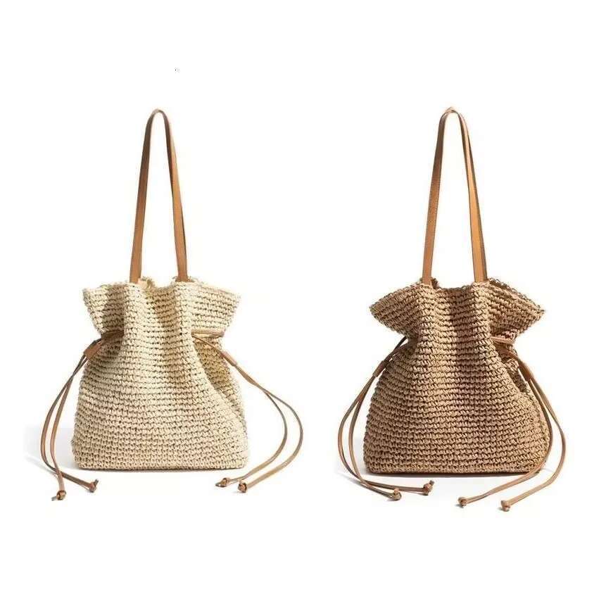 Large capacity tie-up hook handbag summer beach women knitted shoulder Raffia Woven bag