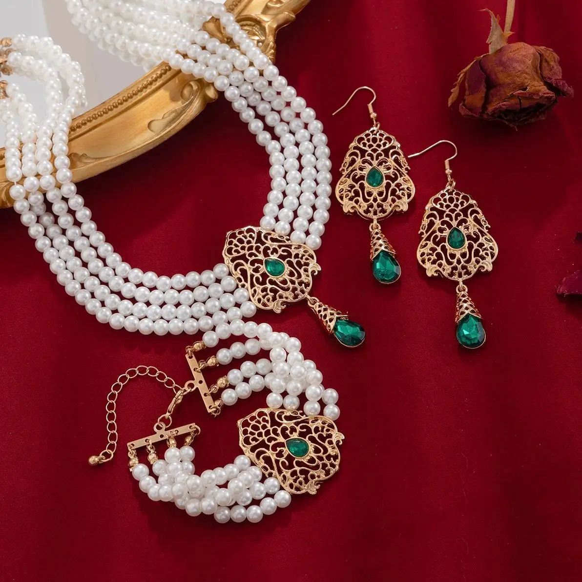 SHIXIN Multilayer Imitation Pearl Necklace Bracelet Earring Women Water Drop Green Rhinestone Choker Wedding Jewelry Set 250530