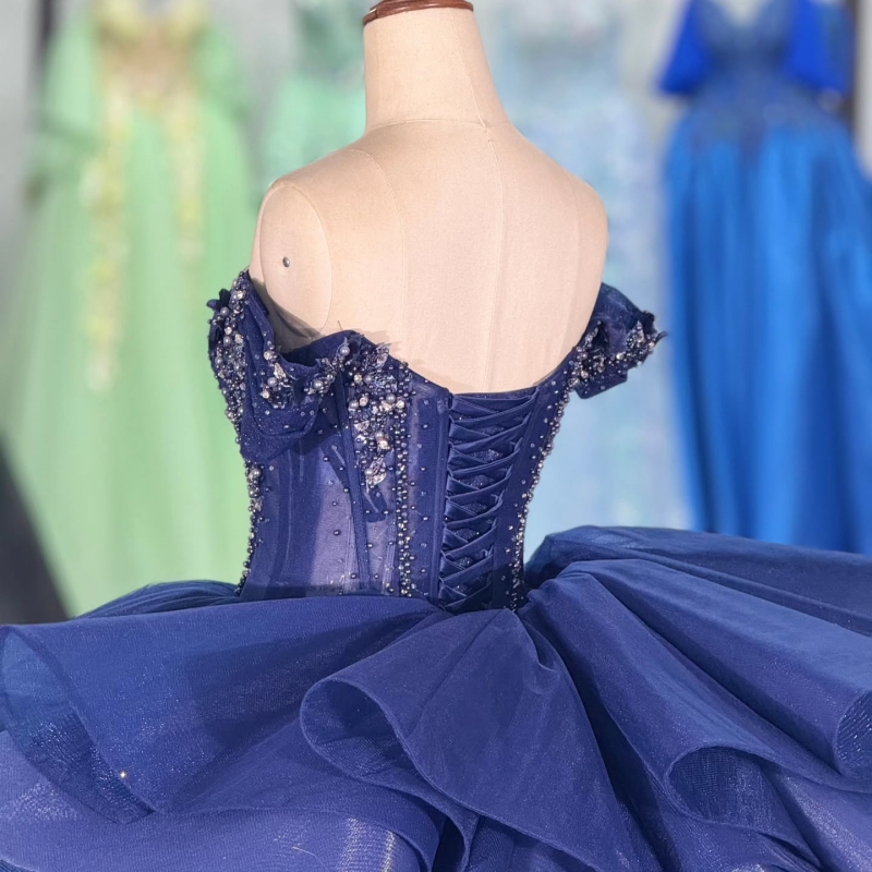 Navy Blue Shiny Off The Shoulder Ball Gown Quinceanera Dresses Appliques Lace Beading Crystal Tull Sweet 16 Dress vestidos 15 Anos