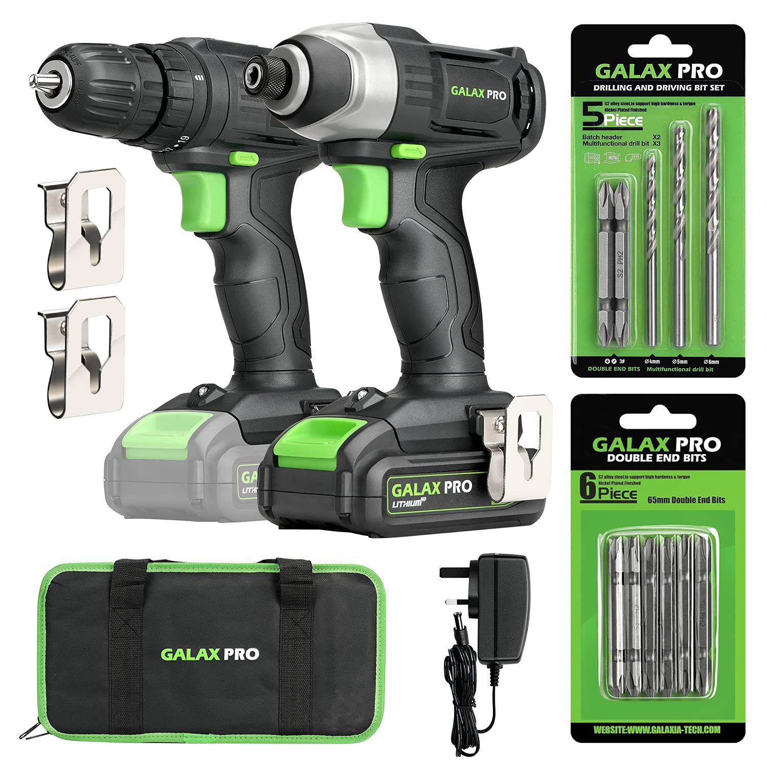 GALAX PRO 20V 2-speeds Cordless Drill Driver and Impact Driver Combo Kit, 1pcs 1.3Ah Lithium-Ion Batterie, Charger Kit, 11pcs Accessories and Tool Bag