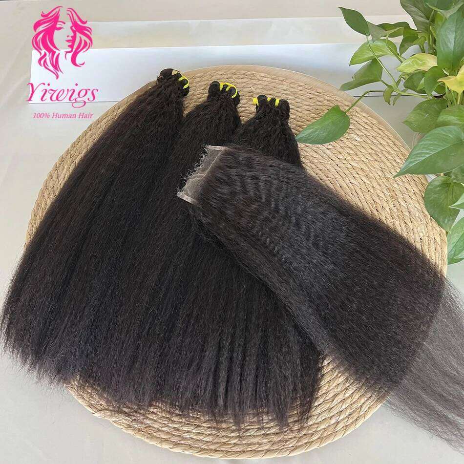 Yiwigs 12A Grade Double Drawn Kinky Straigt 100% Human Bundles With 4x4 Real HD Lace Closure Hair Weave Extensions Thick