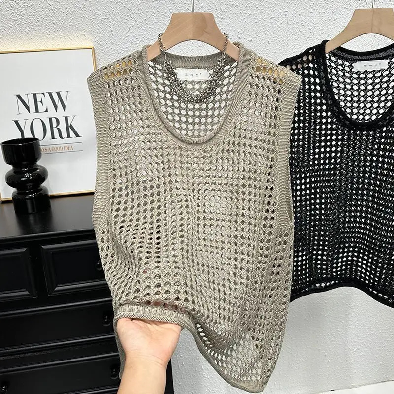Hollow-out Thin Knit Summer Style Vest Loose Tank Top Round Neck Short and Versatile Top 250605