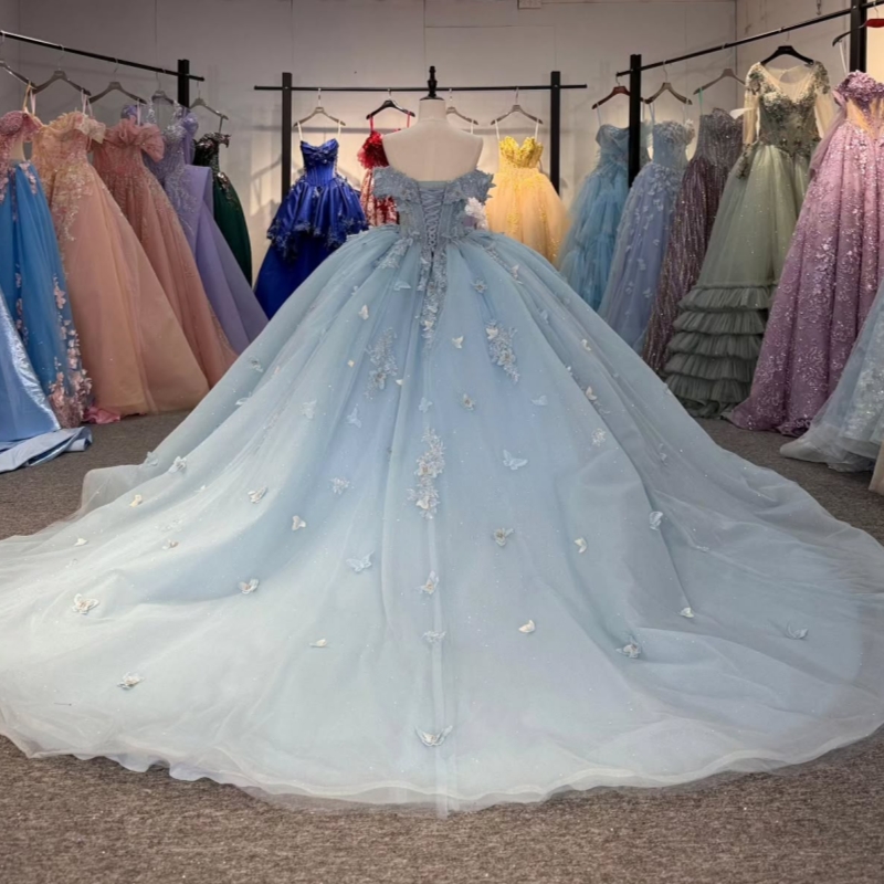 Sky Blue Shiny Off The Shoulder Ball Gown Quinceanera Dresses Beads Bow Tull Sweet 16 Dress vestidos 15 de anos