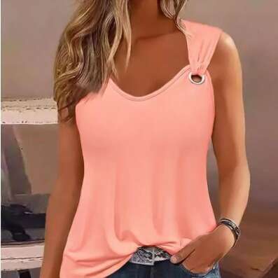 Summer Fashion Sexy Simple Metal Buckle V-Neck Sleeveless Women's Solid Color Sweet Vest B5