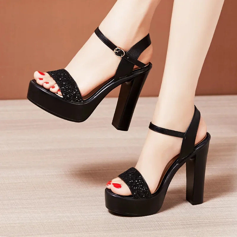 8 10 13cm Small Size 32-43 Bling Silver Wedding Shoes Bride Platform Sandals Summer 2025 Block High Heels Sandals Party Model 250605