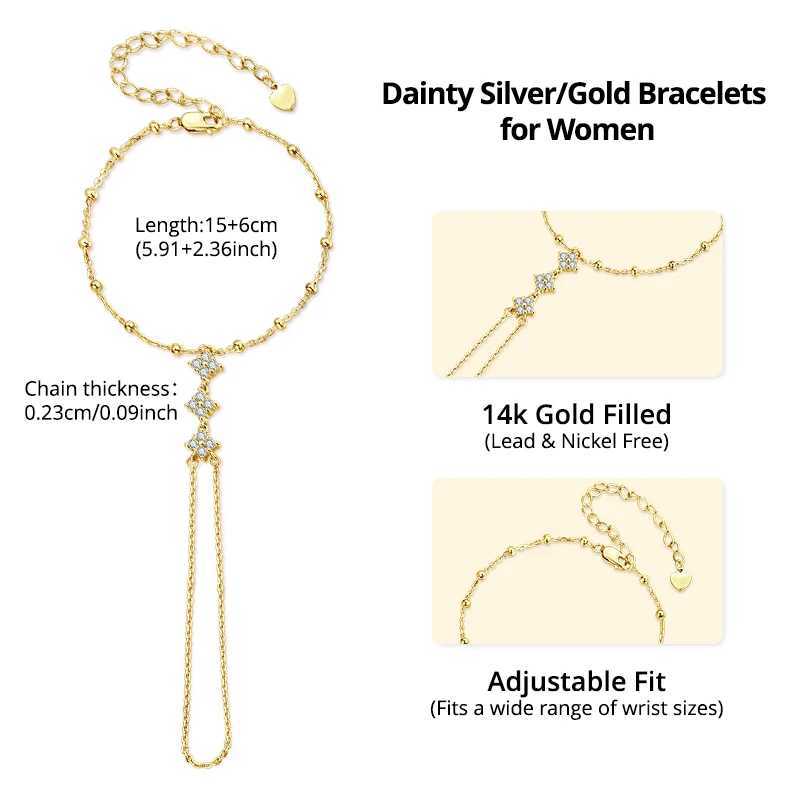 BISAER 925 Sterling Silver Finger Ring Bracelet Hand Chain Trendy Thin Dainty Stackable Chain Plated Gold for Women Fine Jewelry W250606