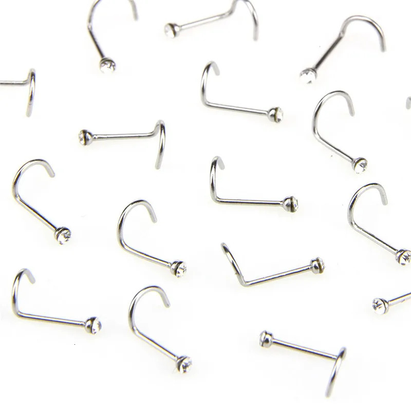 20pcs/lot Stainless Steel Crystal Rhinestone Nose Studs Hooks Bar Pin Nose Rings Body Piercing Jewelry For Women 250605