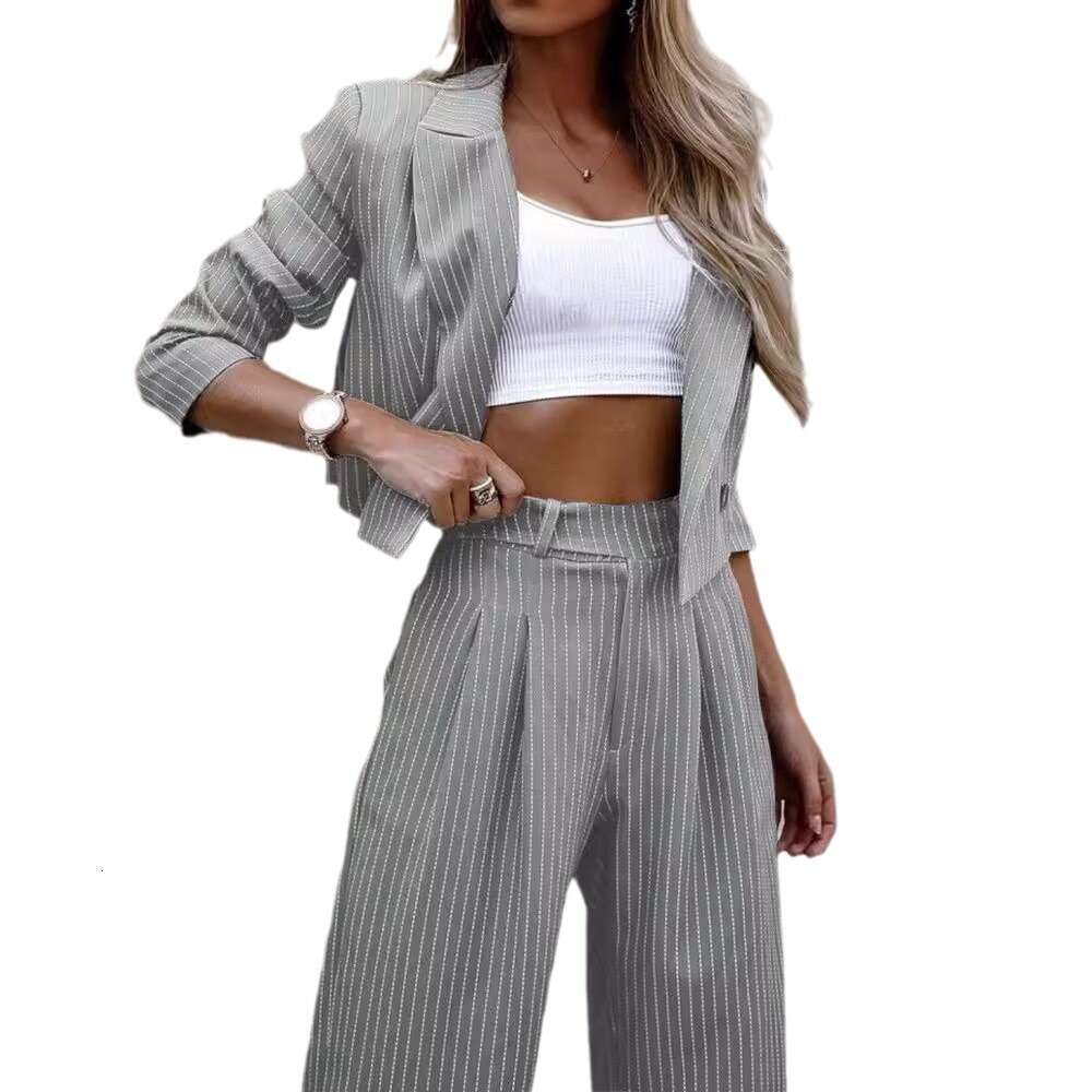 Women's Fashion Elegant Casual Striped Short Lapel Blazer Straight Pants Set B5