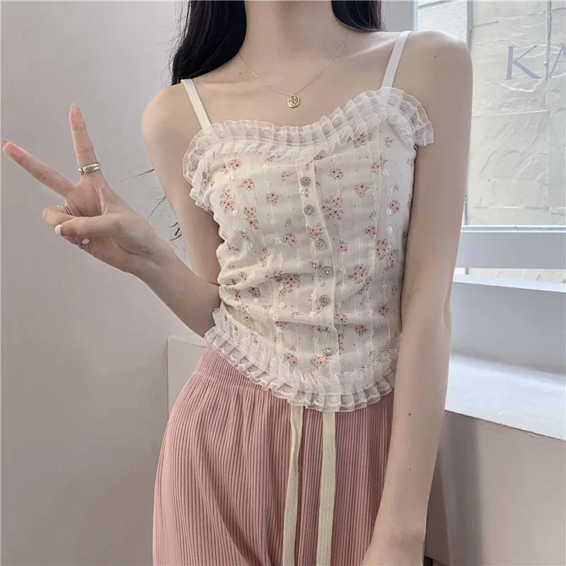 Y2k Tops French Floral Wood Earhem Camisole Womens Outer Wear with Breathable Lace Backbeautiful Underwear for Summer 250527