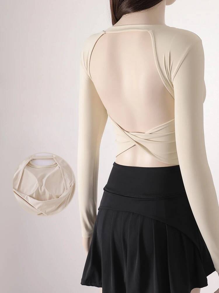 Ddmyoutdoor Sexy Twisted Crossover Hollow Out Back Sports Tshirt Short Gym Fiess Crop Top Long Sleeve Yoga Shirt For Women With Fixed Pads Jogging Sui