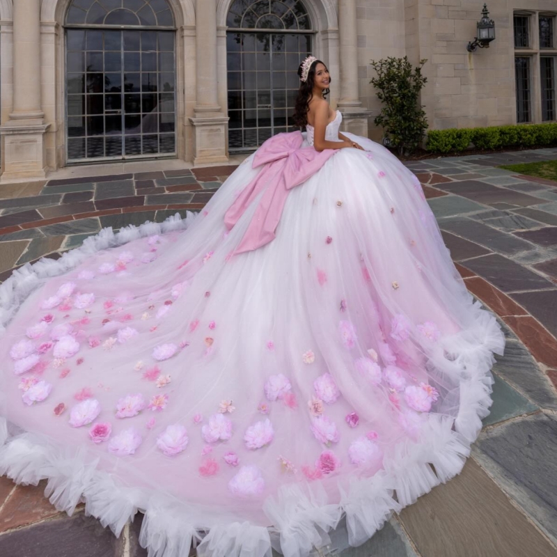 White Quinceanera Dresses Ball Gown Off The Shoulder Applique Flower Beads Tiered Tull Sweet 16 Dress Vestidos 15 De Anos