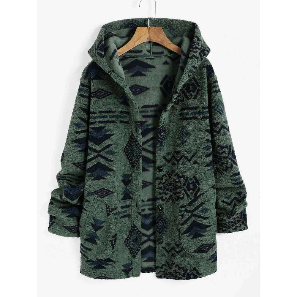ZAFUL Women's Hooded Ethnic Style Pockets Long Tribal Geo Aztec Printed Fluffy Teddy Coat fur New coats outerwears 2024 Winter