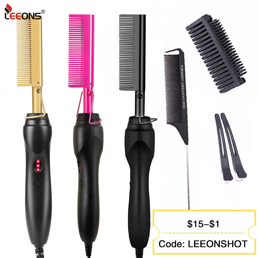 Leeons Black Comb Hair Straightener Flat Iron Electric Heating Comb Wet And Dry Hair Curler Straight Styler Curling Iron 250605
