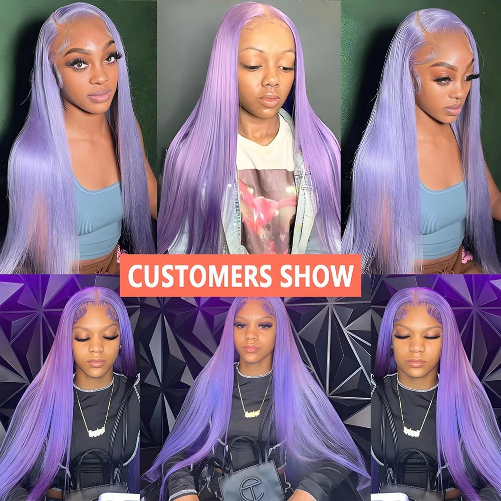 Purple Color Straight Human Hair Wig HD Transparent Bleached PrePlucked Lace Front Wig Violet Purple Wigs Synthetic