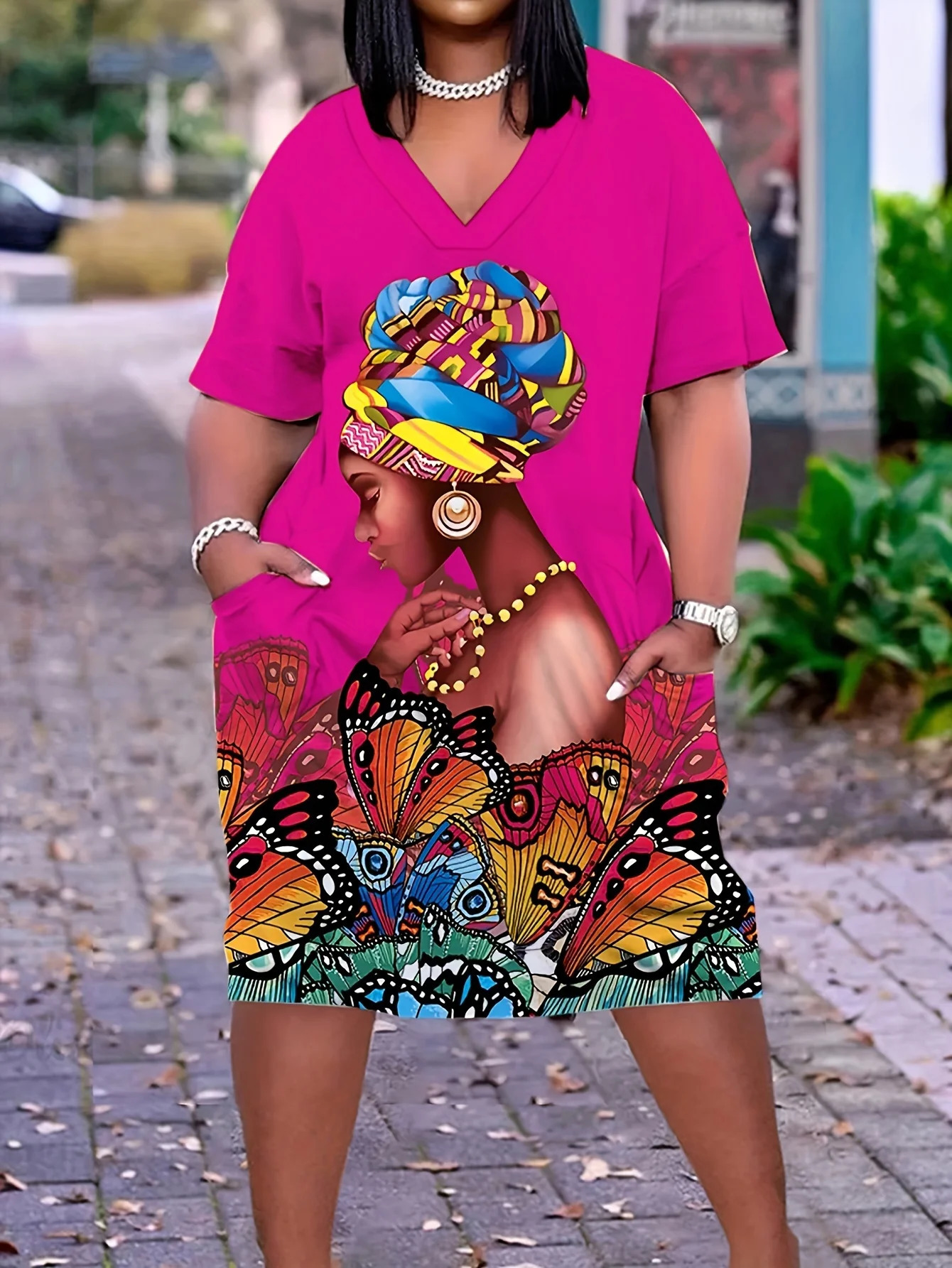 Plus Size Dress Casual Short Sleeve V Neck With Pockets Clothing 250526