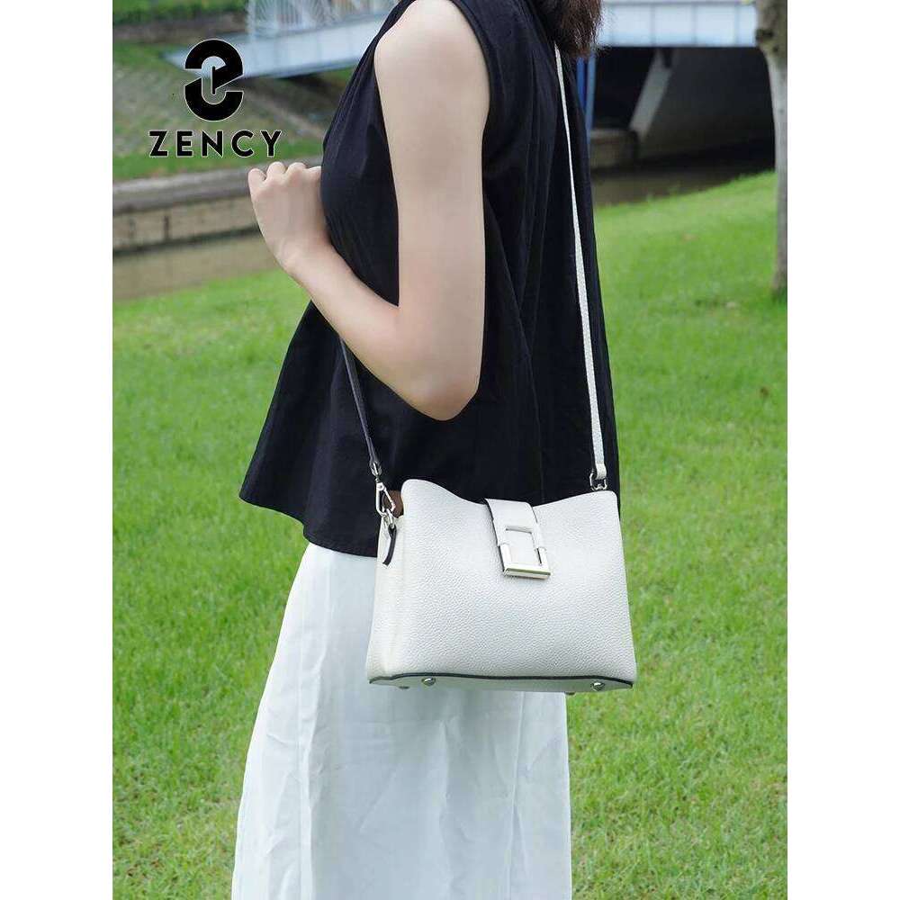 Zency Genuine Leather White Designer Noble Shopper Shoulder Commuter Large Handbag Women Tote Bucket Cross Body Bag 2025/06/06