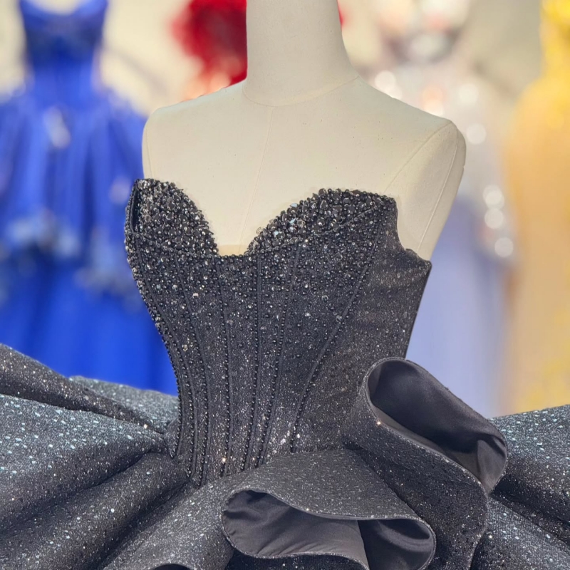 Black Shiny Off The Shoulder Ball Gown Quinceanera Dresses Beading Crystal Tull Sweet 16 Dress vestidos 15 De Anos