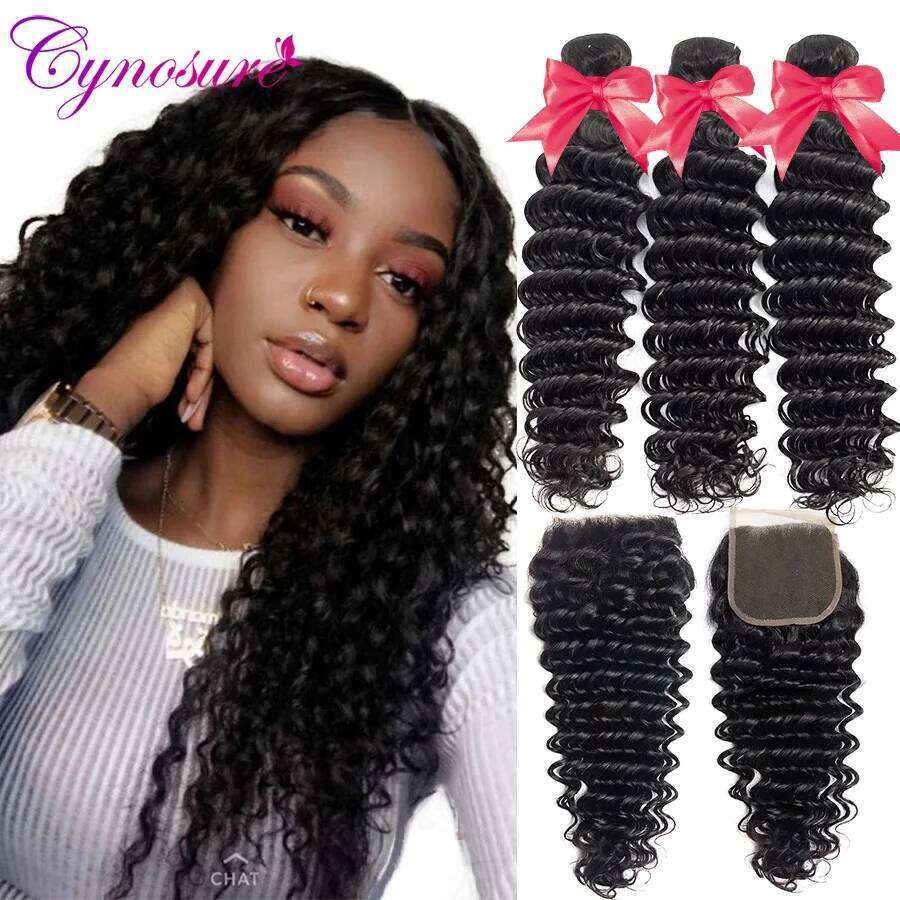 Cynosure Brazilian Deep Wave 3 Bundles with Lace Closure Remy Human Hair Extension