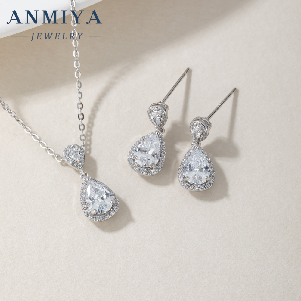 Latest Design Water Drop Shaper Cz Stone Zircon 925 Silver Engagement Earrings Set for Couple Women Hypoallergenic