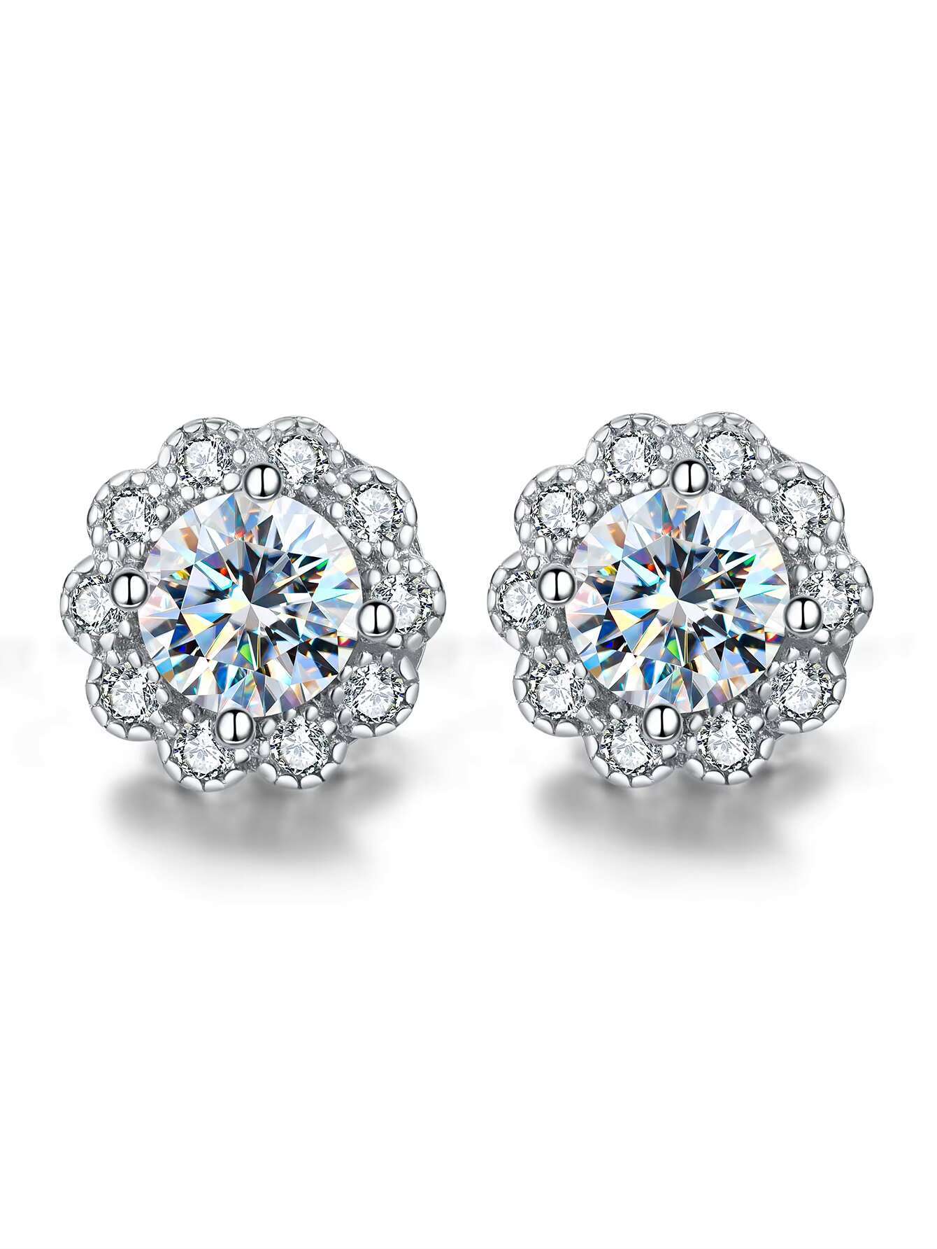 Classic 925 Sterling Silver Fine Jewelry Full Diamond Stud Earrings With 0.5ct Moissanite Halo Design-for Gift