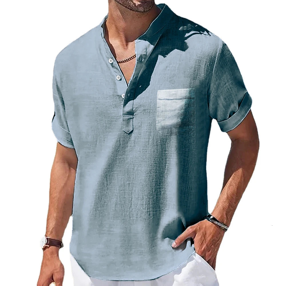 Mens Casual Stand Up Collar Summer Solid Color Short Sleeve Linen Shirt Trendy Breathable Loose Youth Basic Pocket Top 250605