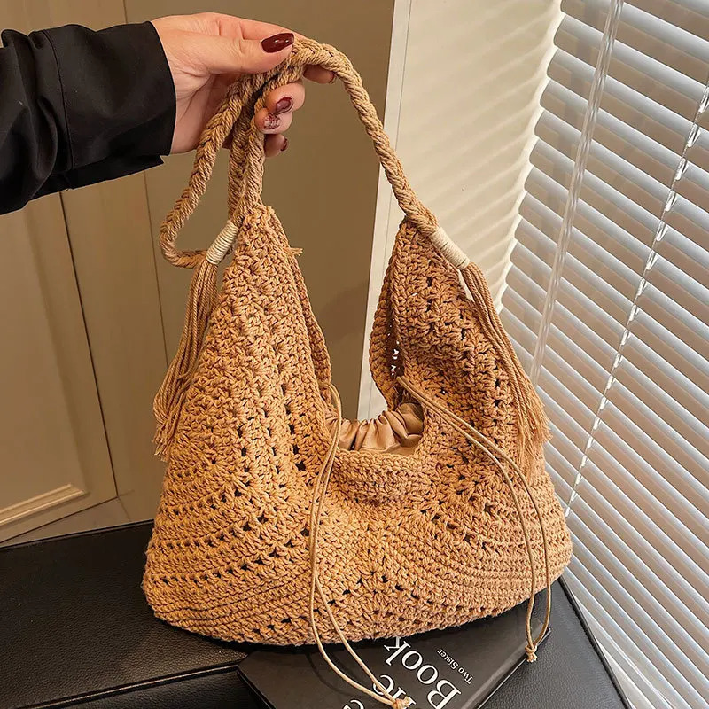 Crochet 2IN1 Shoulder Bag Set For Women Raffia Boho Rattan Summer Beach Vacation Tote Bags Knitted n Handbags Female 250605