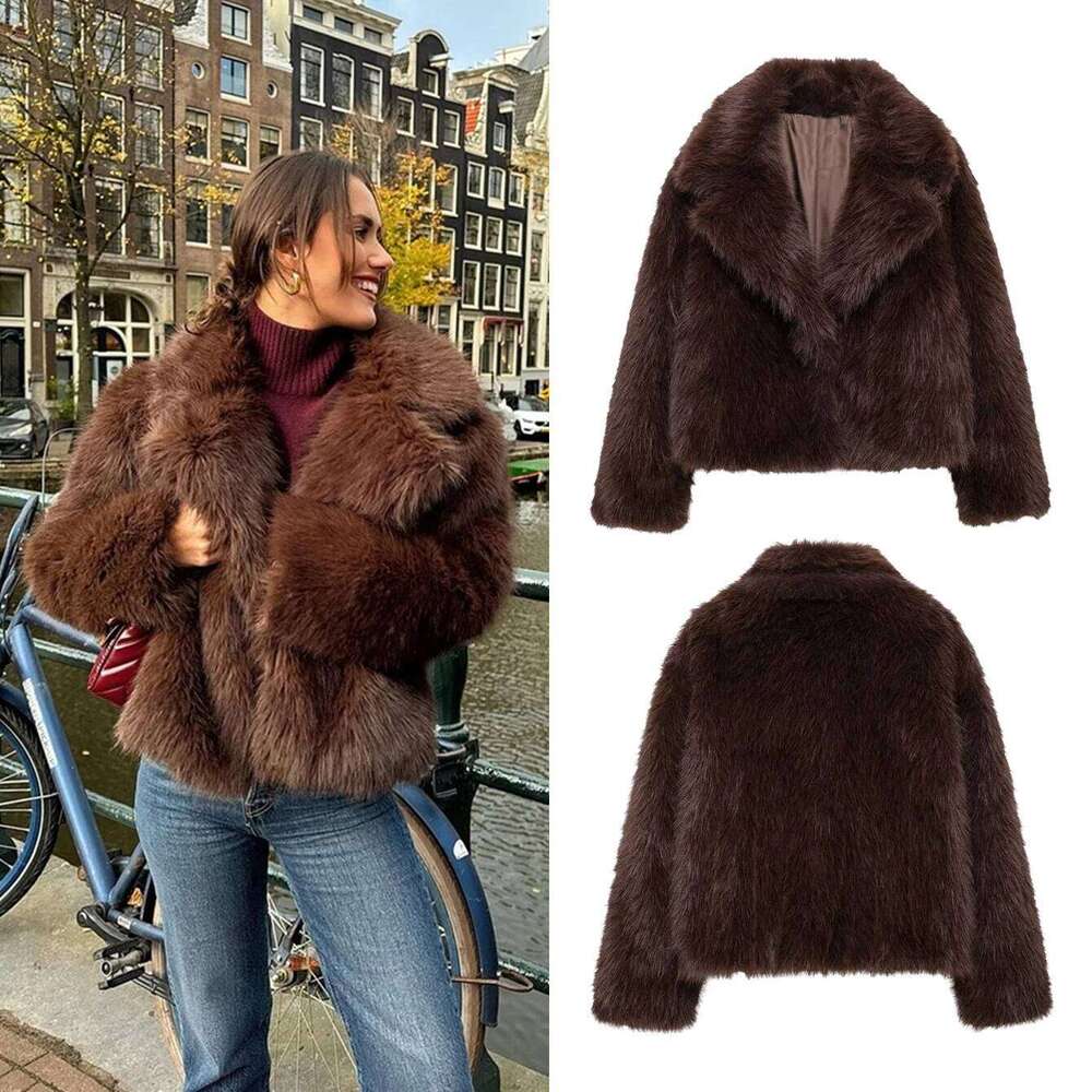 Taop&Za women's 2024 autumn and winter new coat, lapel, faux fur effect, brown Maillard style short coat