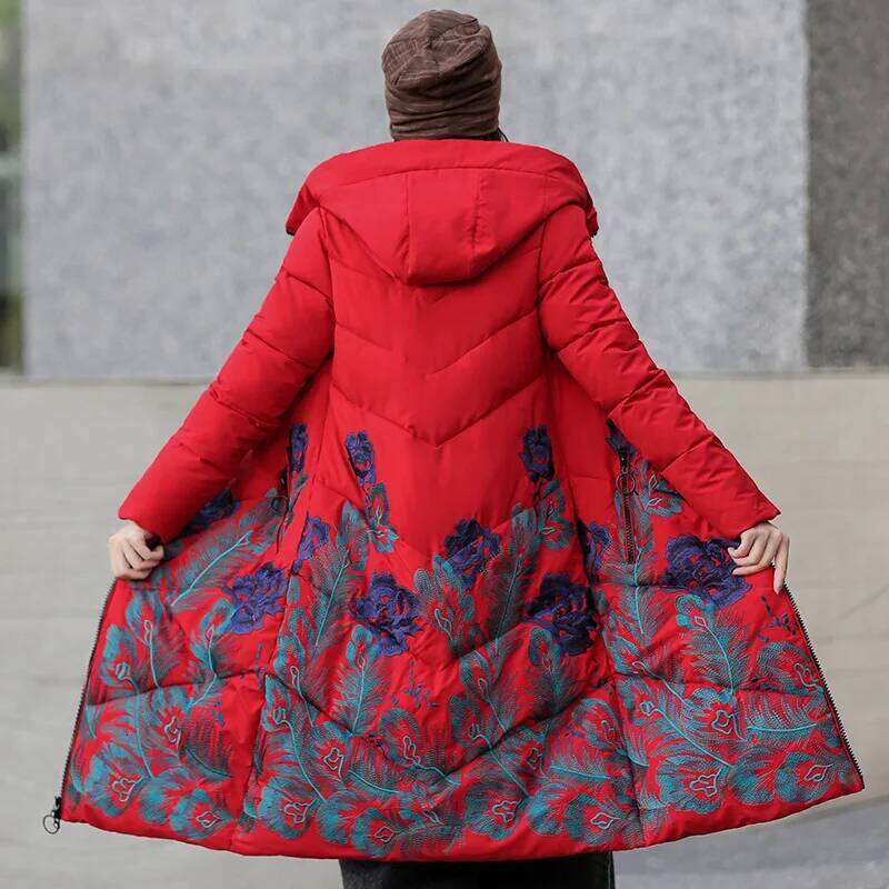 New casual jacket hooded winter embroidery flower thick parka fashion Oversized coat windproof and warm women's clothing