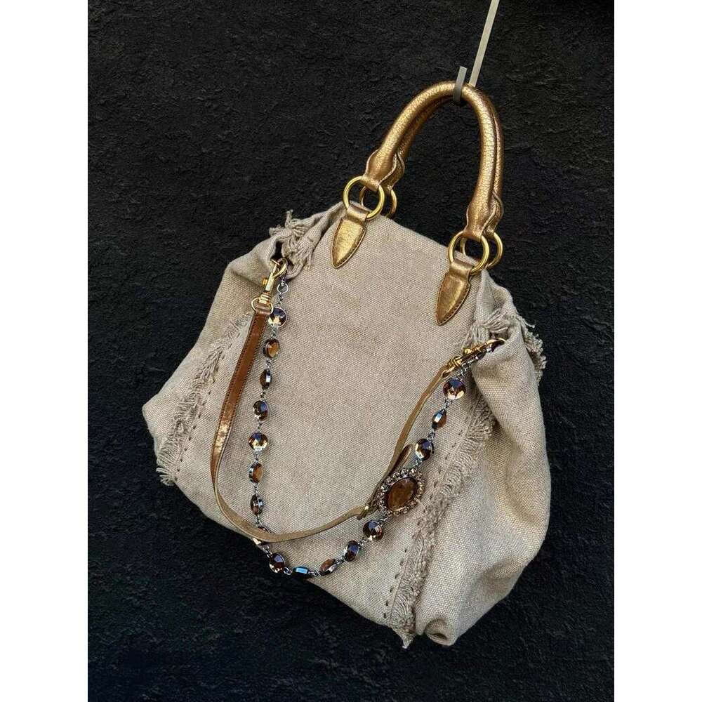 New Trendy Fashion Versatile Linen Tassel Color Block Stylish Design Handbag and Crossbody Bag