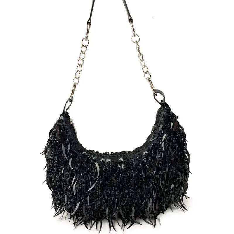 Woman Stylish Elegant Sequin Glitter Underarm Designer Multifunctional Lace Trim Tassel Fabric Ribbon Travel Bag Party Weddi
