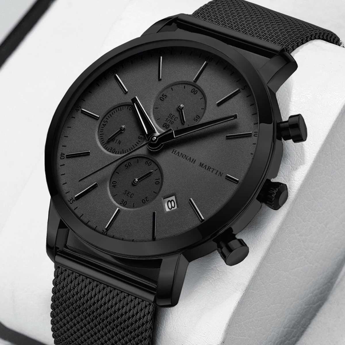 Hannah Martin Multifunctional Sports Mens Watch Black Dial Stainless Steel Waterproof Calendar Quartz Mens Clock Watches Y250605