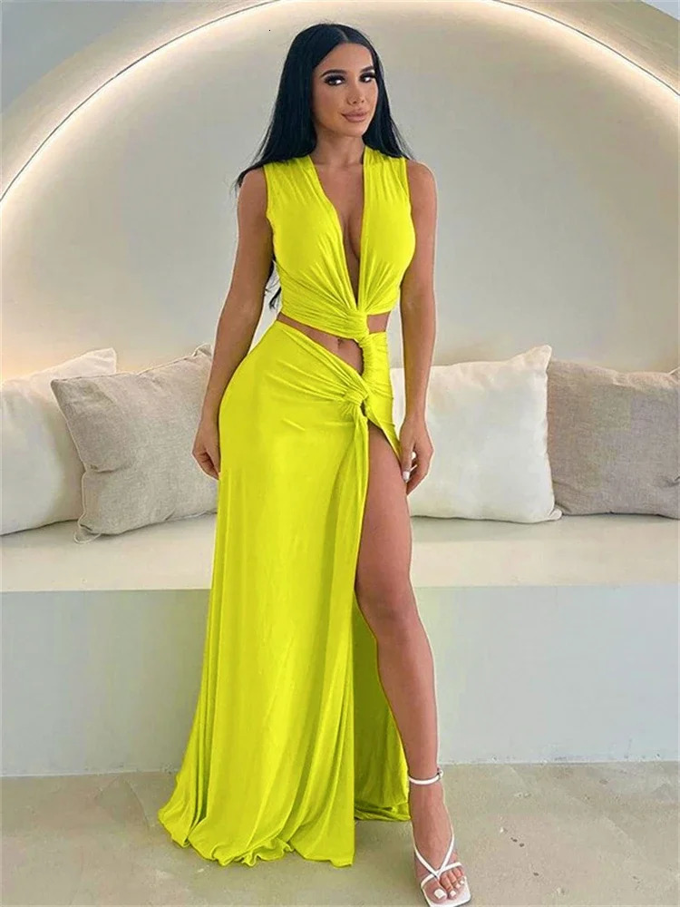 Leosoxs Summer Holiday Beach Maxi Dress Sexy Hollow Out Twist Knot High Split Dress Chic Sleeveless Deep V Female Long Vestidos 250529