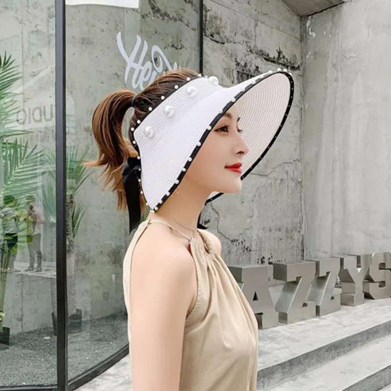 4Color Pearl Foldable Straw Hats For Women Ladie Empty Top Wide Large Brim Visor Cap Adjustable Beach UV Protction Hat 250603