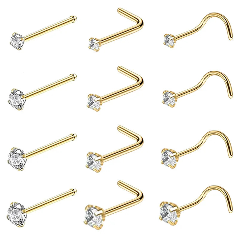 4/12PCS Stainless Steel Zircon Nose Piercing Stud Set L Shape Nose Ring Lot Twist Nose Ring Stud Bulk Body Piercing Nariz Pack 250605