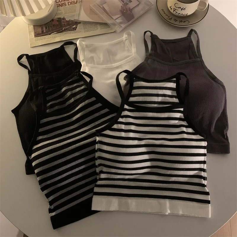 Korean Version Women Tank Tops Thread Solid Casual Fashion Crop Top with Chest Pad Stripe Sleeveless Outer Wear Basic Camisole 250527
