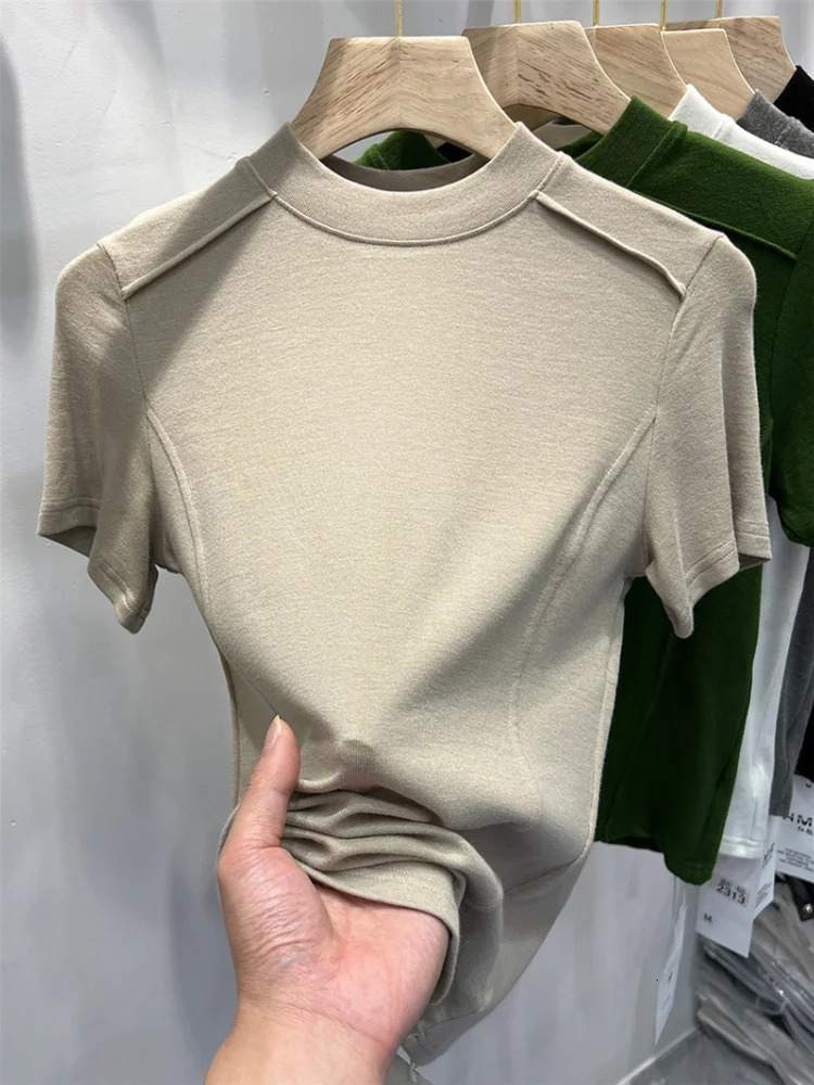 Womens T-shirts Short-sleeved Blouse Shirt Tops Office Lady Casual Vintage Camise Tees O Neck Korean Shirts for Women 250605