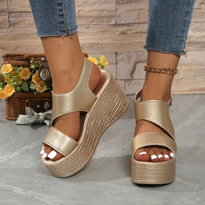 Open-toe slope sandals leather strap Roman shoes 2025 summer fashion lightweight thick sole non-slip high heels womens shoes 250605