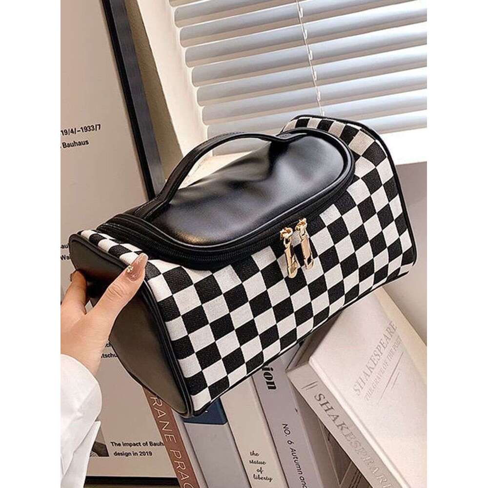 Portable Plaid Fashion Large Capacity Patchwork Toiletry Handheld Zipper Makeup Storage Bag