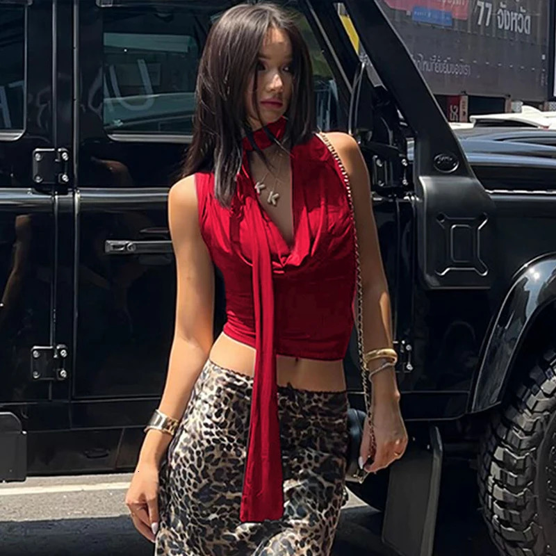 Summer Tank Women Solid Sexy Sleeveless VNeck Lady Top Fashion Bandage Streetwear Casual Slim Elegant Knitted Clothing 250527