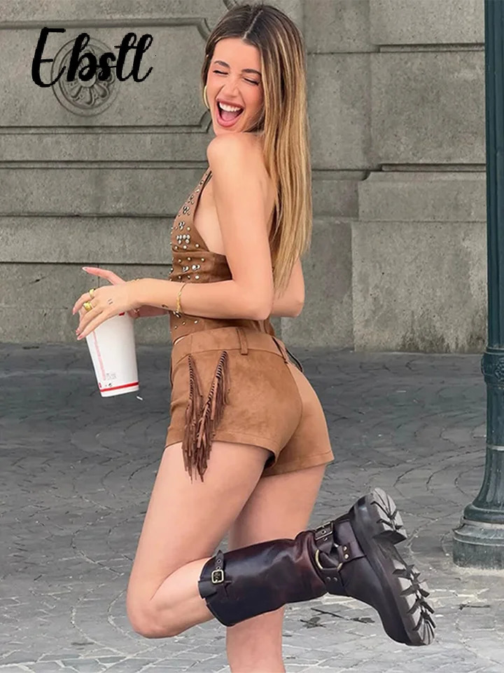 Slim Suede Rivet Vest Shorts Suit Womens Sexy Lace-up Tassels V-neck Tank Top Retro Short Pants 2025 Lady Street Outfits 250605