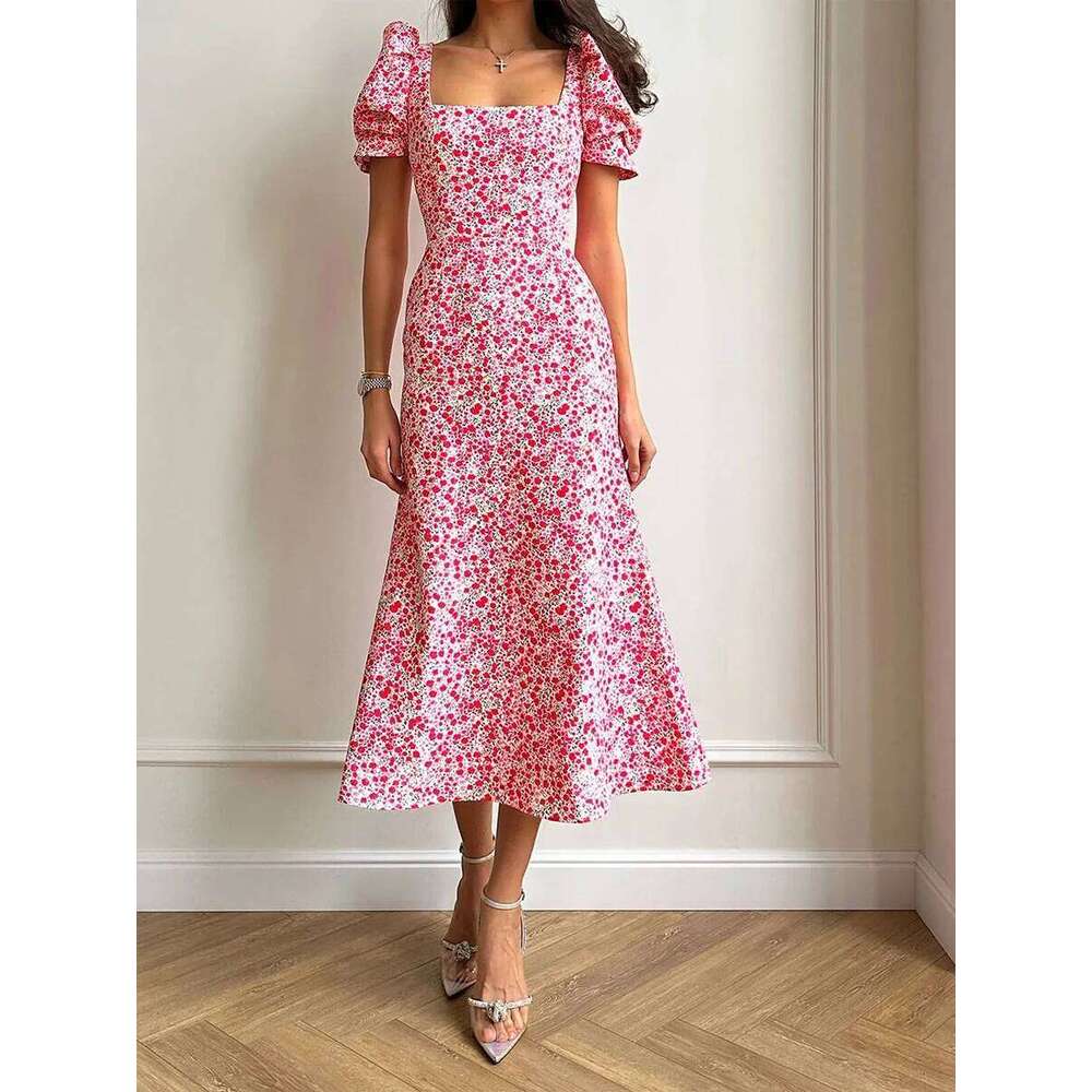 New Fashion Womens Summer Midi Casual Short Puff Sleeve Floral Print A-Line Elegant Flowy Dress Hot Sale S M L