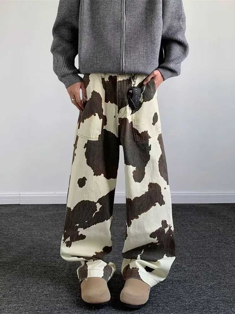 2025 Cyber Y2K Streetwear Cow Pattern Baggy Pants For Men CloTHing Wide Leg Straight Cotton Long Trousers Mens CloTHing Z250605