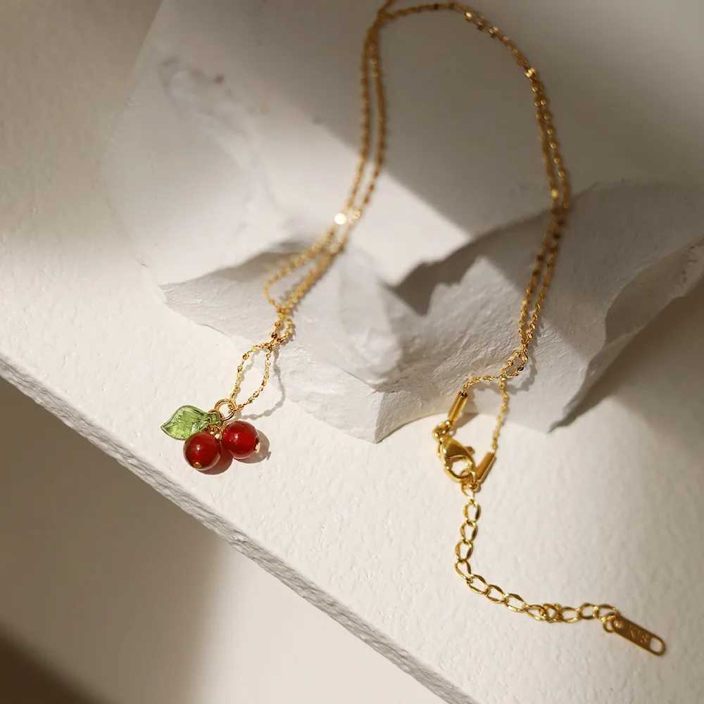 Cute Stainless Steel Cherry Necklace Earring Natural Stone Beads Pendant Chain Necklace Womens Fashion Wedding Jewelry Gift Y250605