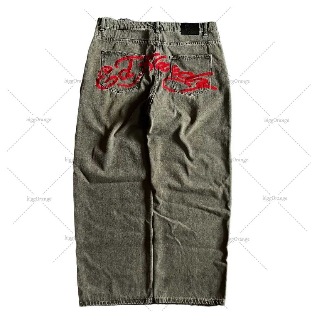 American Harajuku GoTHic Embroidery Text Pattern Washed Jeans Mens Street Pop Hip Hop Rap Unisex Jeans Z250605