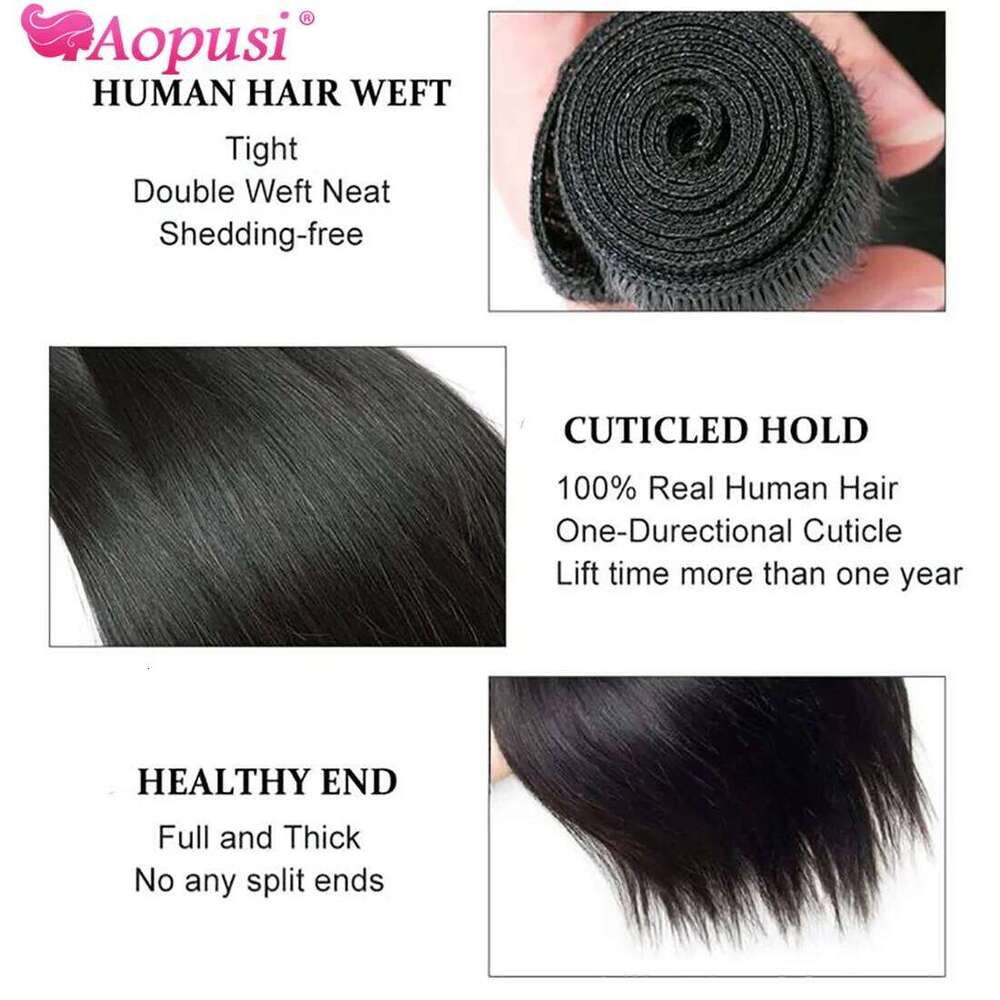 Aopusi 8-30 Inch Straight Bundles Closure Brazilian Remy Human Hair Extension With 4X4 Lace Jet/Natural Black