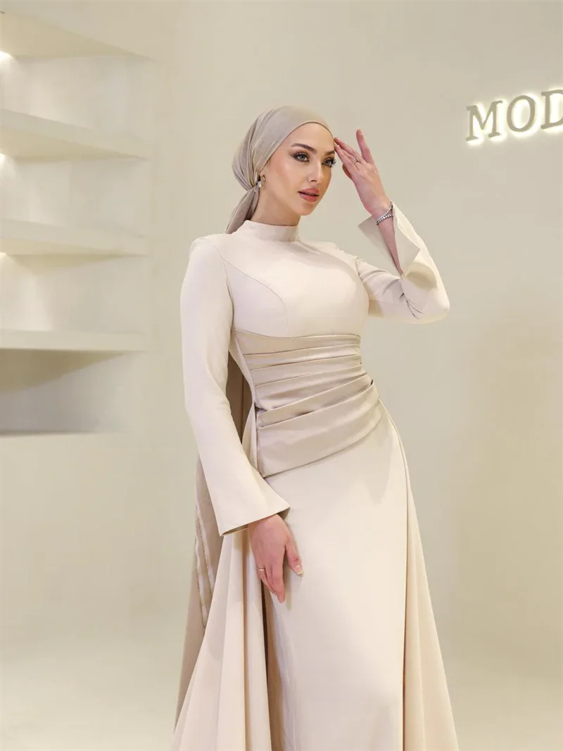 Modest Crepe Long Evening Dresses Muslim High Collar Satin Pleats Sheath Prom Dresses Full Sleeves Formal Prom Gowns Customized