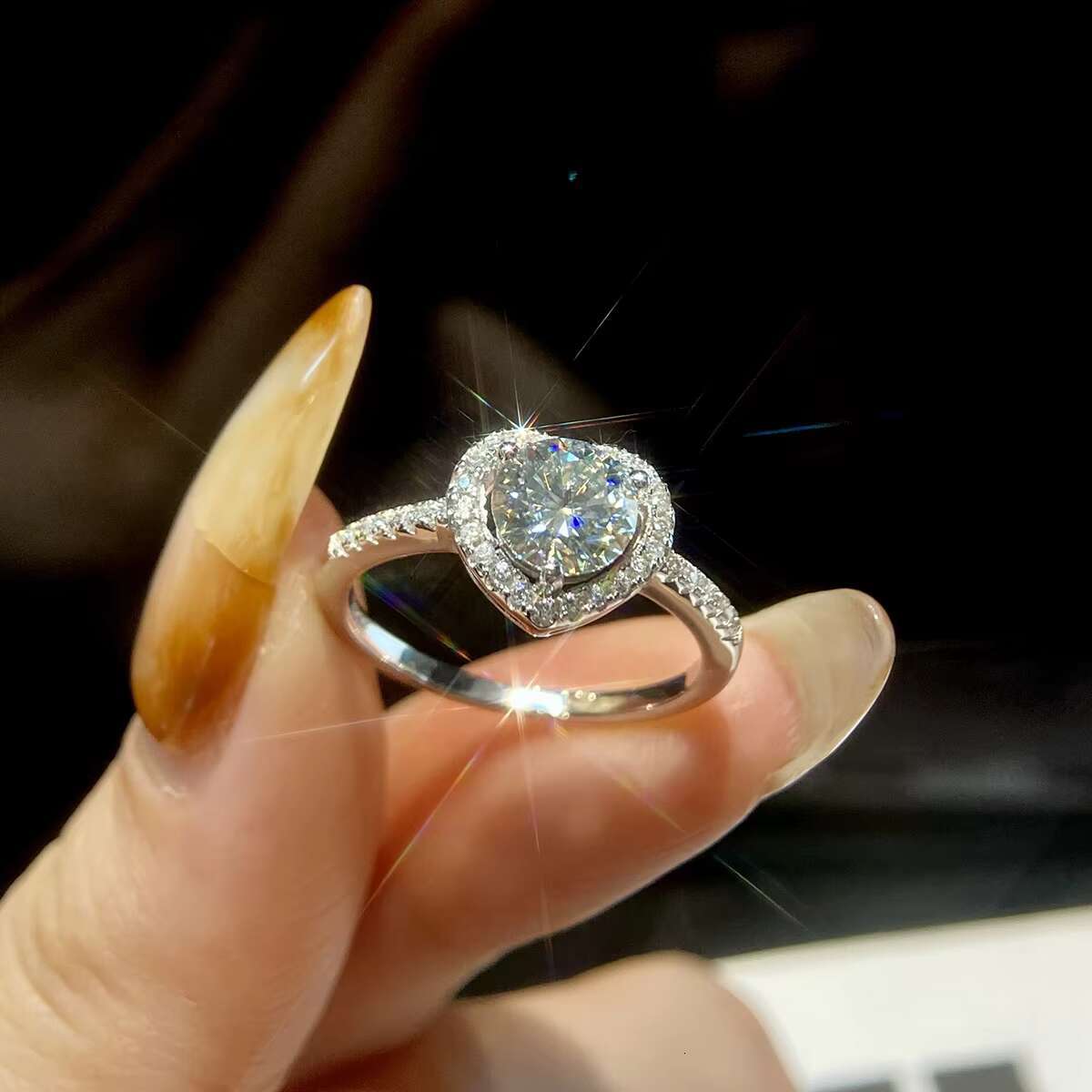 Moon Stone Diamond Moissanite Heart Shape halo Ring 925 Sterling Silver 18K White Gold 1 2 Ct for Women Engagement Jewelry